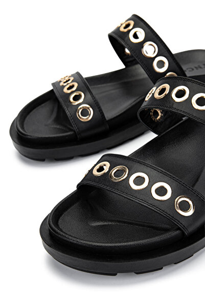 Tamer Tanca Women's Genuine Leather Black Flat Slippers