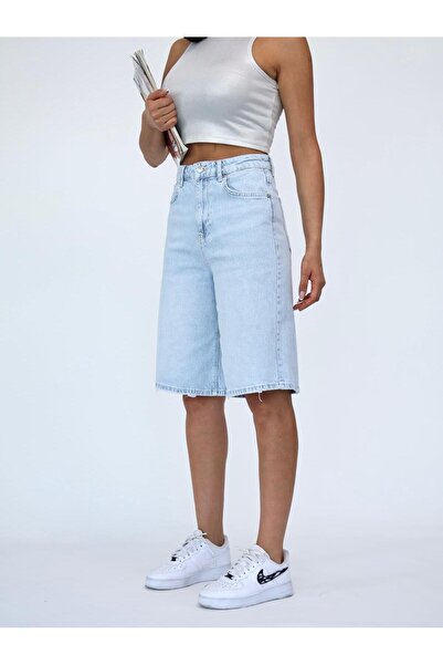 Zeo Basic KADIN MİDİ BOY BUZ MAVİ LİKRALI JEAN ŞORT