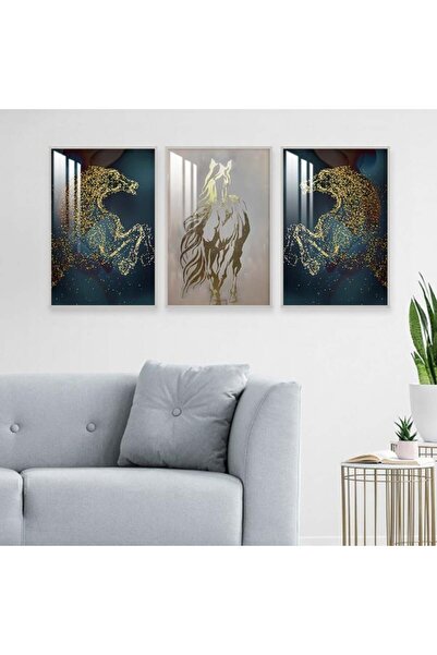 SND ثلاث لوحات جدارية خشبية بتصميم حصان مع برواز خشبي فضي و طبقة من الاكريلك ...