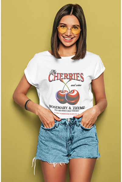 MAGORS تي شيرت نسائي من القطن برقبة دائرية وطباعة MY CHERRIES