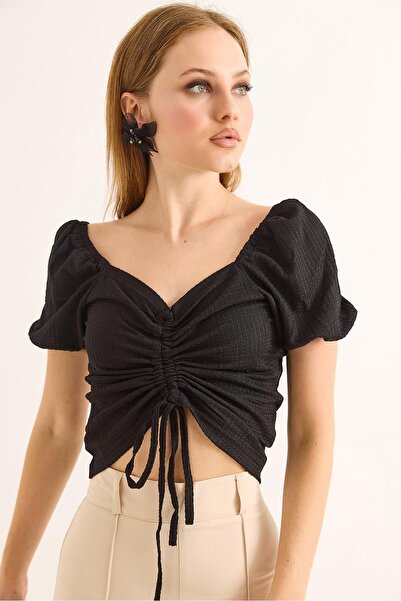 Raneel Kazançlı Alışveriş Princess Sleeve Front Gathered Blouse Black