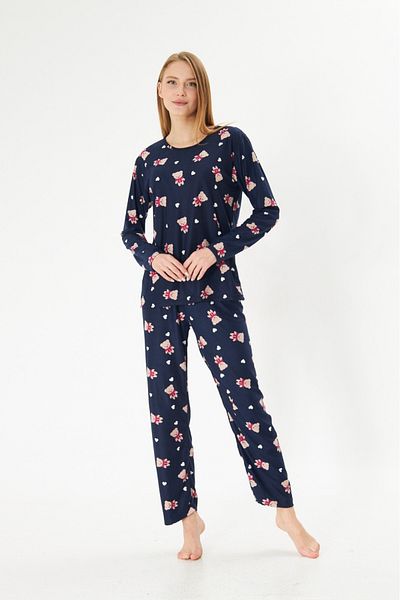 Pajama Shop Women's Cotton Suede Navy Blue Teddy Bear Heart Pattern Long Sleeve Crew Neck Winter Pajama Set