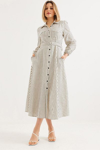 Raneel Kazançlı Alışveriş Waist Seated Stripe Patterned Shirt Dress Cream