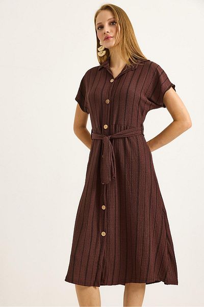 Raneel Kazançlı Alışveriş Stone Belted Striped Mini Shirt Dress Brown