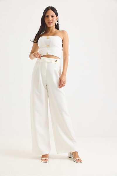 Raneel Kazançlı Alışveriş High Waist Wide Leg Women's Trousers White