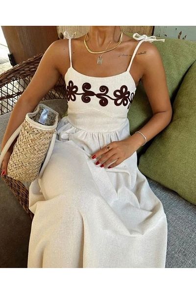 ronox Raw Linen Embroidery Processing Lining Pocket Adjustable Strap Summer Long Dress