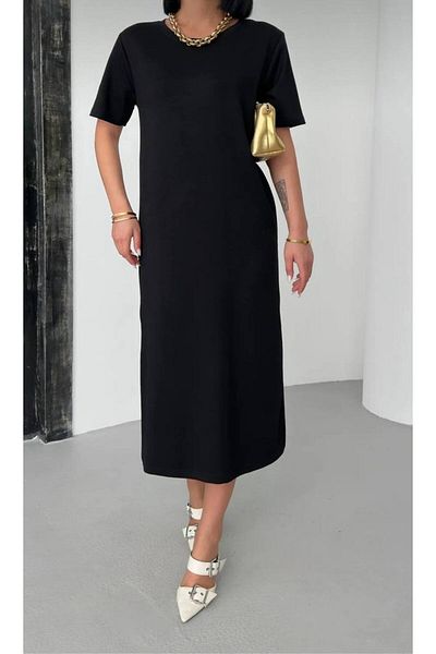 Butik Black Side Slit Modal Casual Dress