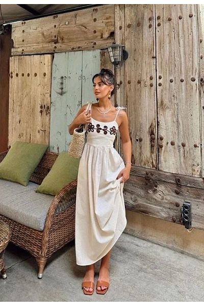ronox Raw Linen Embroidery Processing Lining Pocket Adjustable Strap Summer Long Dress