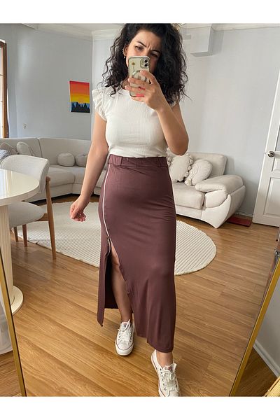 ronox Women's Elastic Waist Zipper Slit Lycra Viscose Fabric Maxi Length Standard Sml Size Matching Skirt