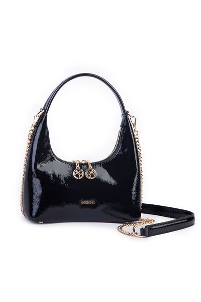 Nas Bag Geantă de umăr și crossbody cu mini lanț din piele neagră lacuită