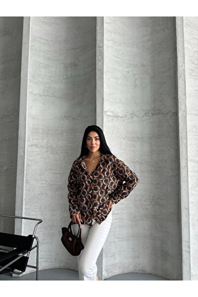 İLKCET MODA Άνετο γυναικείο πουκάμισο με σατέν σχέδιο oversize