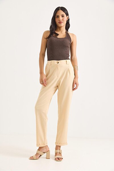 Raneel Kazançlı Alışveriş Elastic Waist Layered Leg Women's Trousers Cream
