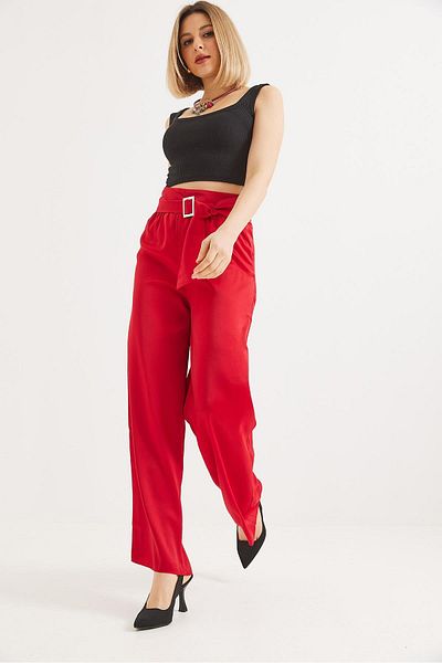 Raneel Kazançlı Alışveriş Belted High Waist Flared Trousers Red