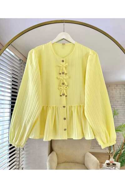 moda paketi Bow Detailed Ruffled Short Tesetture Shirt Yellow