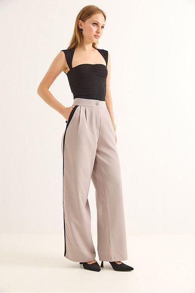 Raneel Kazançlı Alışveriş High Waist Palazzo Trousers with Side Stripes Gray
