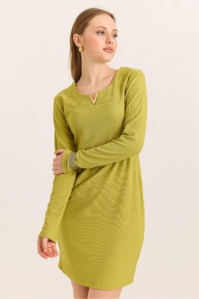 Raneel Kazançlı Alışveriş V Neck Long Sleeve Mini Ribbed Knitted Dress with Metal Accessories Fat Green