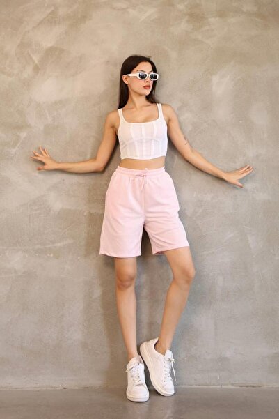BELISTIL Pink Waterway Pattern Comfortable Cut Striped Shorts with Elastic Waist