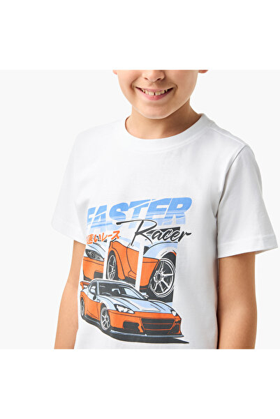 Juniors Car Print T-shirt with Crew Neck and Short Sleeves