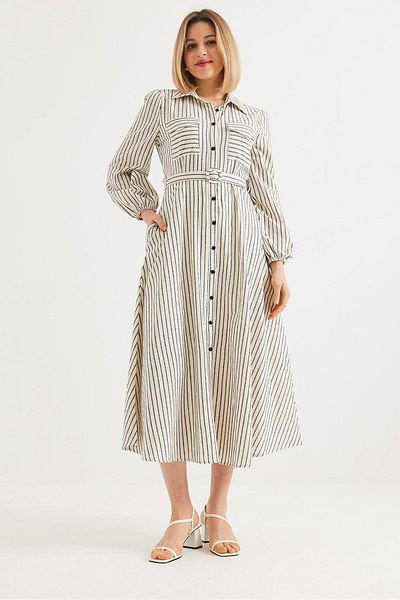 Raneel Kazançlı Alışveriş Waist Seated Stripe Patterned Shirt Dress Cream