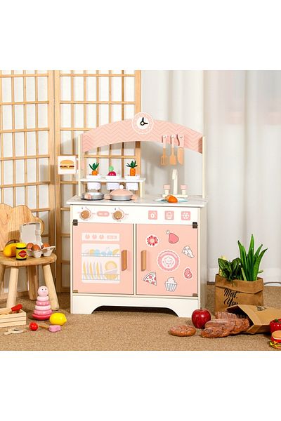 rexa wooden play kitchen set for children, featuring a sink, stove, oven, and accessories like utensils