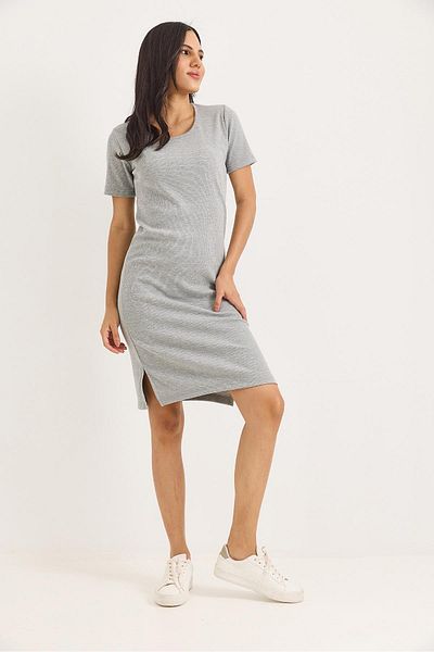Raneel Kazançlı Alışveriş Short Sleeve Crew Neck Midi Dress with Slit Detail Gray
