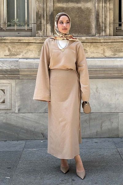 Ceylan Otantik Caramel Organic Linen Wrap Skirt & V-Neck Blouse Set