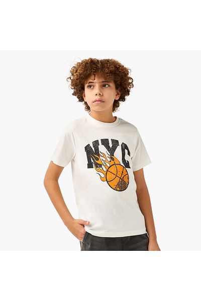 Juniors Graphic Print Crew Neck T-shirt with Short Sleeves