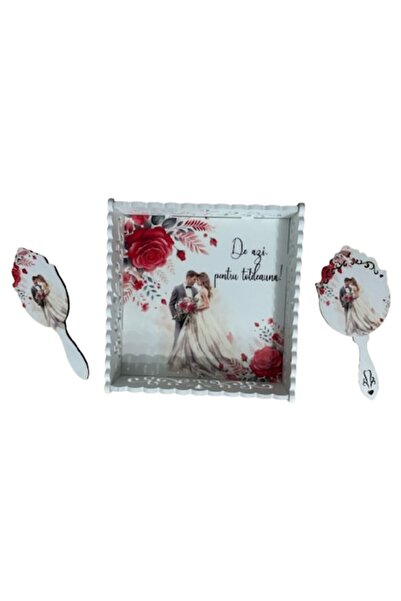 OEM Set tava pentru gatitul Miresei, lemn alb cu imprimeu UV rosu, 3 piese: tava, oglinda si perie.