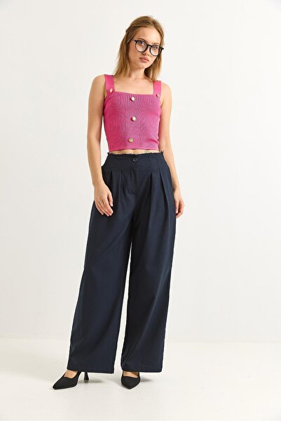 Raneel Kazançlı Alışveriş Waist Detailed Pleated Loose Fabric Trousers Navy Blue