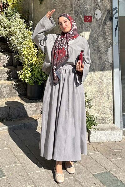 Ceylan Otantik Gray Organic Linen Balloon Skirt & V-Neck Blouse Set