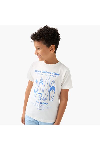 Juniors Graphic Print Crew Neck T-shirt with Short Sleeves