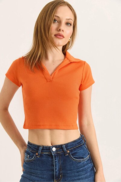 Raneel Kazançlı Alışveriş Polo Neck Basic Short Sleeve Knitted Camisole Crop ...