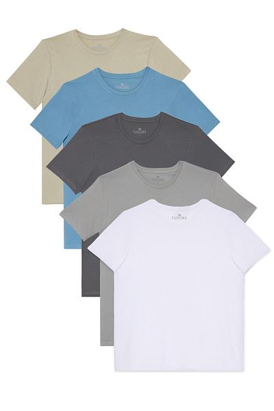 Tudors Unisex 5 Pack Λευκό-Γκρι-Καπνιστό-Μπλε-Πέτρα Slim Fit Slim Fit 100% βαμβακερό μπλουζάκι με λαιμόκοψη
