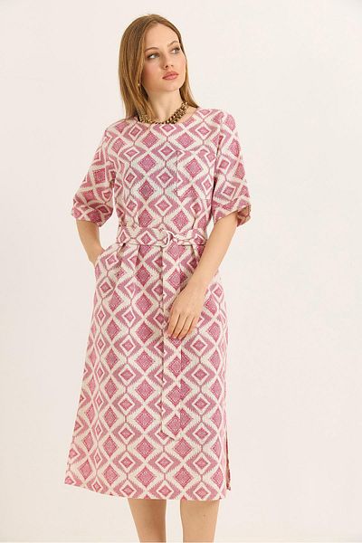 Raneel Kazançlı Alışveriş Pocket Belt Detailed Slit Woven Linen Dress White