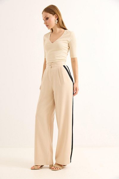 Raneel Kazançlı Alışveriş High Waist Palazzo Trousers with Side Stripes Beige