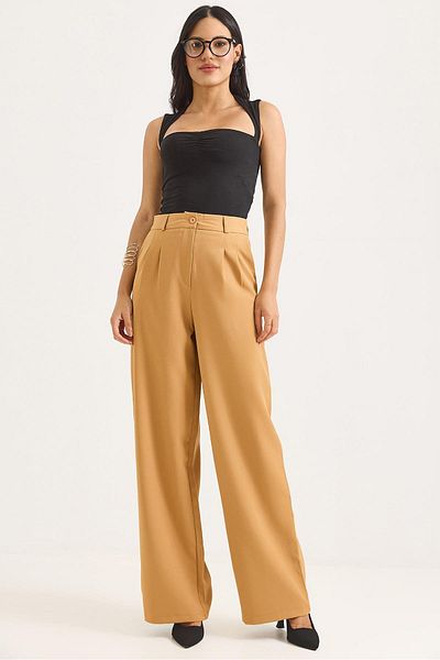 Raneel Kazançlı Alışveriş High Waist Wide Leg Trousers Brown
