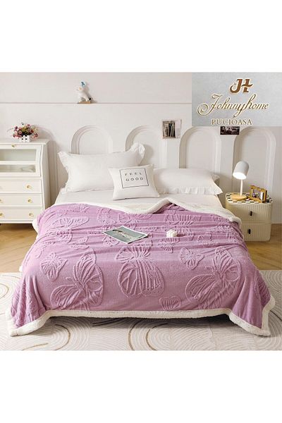 FIONNA.RO Cocolino White Furry Blanket 3D Butterflies - Lilac