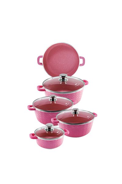DSP Set De Oale Roz - 9 Piese - Set Gatit Cu Capac - Set De Oale Si Cratite Emailat