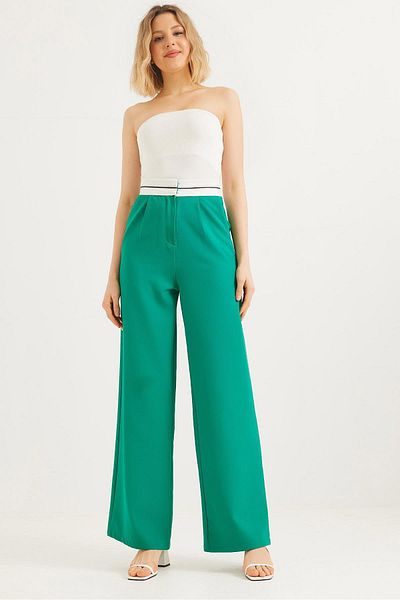 Raneel Kazançlı Alışveriş Wide Leg Trousers with Stripe at the Waist Green