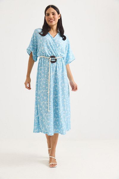 Raneel Kazançlı Alışveriş Belt Detailed Elastic Waist Slit Flared Dress Blue