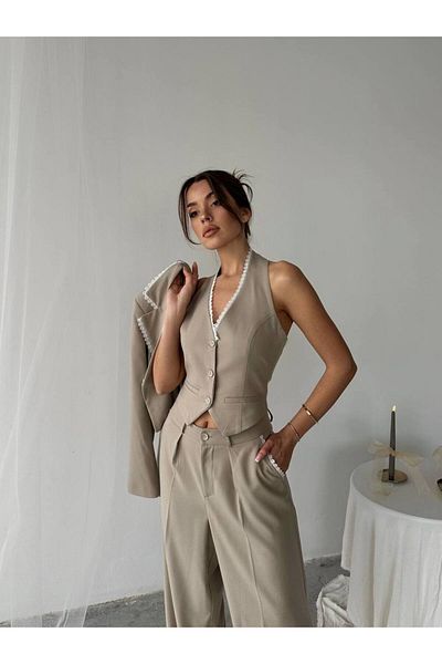 BUTİK ELAJ Women's Guipure Embroidered Polyviscon Beige Jacket Vest Trousers Suit