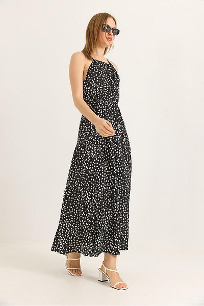 Raneel Kazançlı Alışveriş Halter Neckline Waist Belted Polka Dot Black Dress