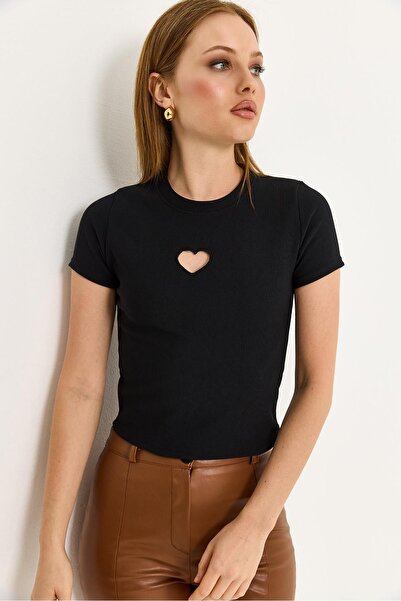 Raneel Kazançlı Alışveriş Heart Detailed Ribbed Knitted Blouse Black