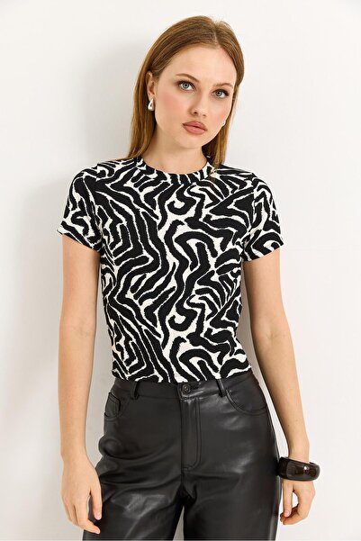 Raneel Kazançlı Alışveriş Zebra Pattern Ribbed Knitted Fabric Black Blouse