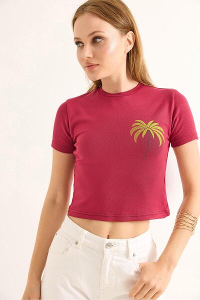 Raneel Kazançlı Alışveriş Crew Neck Short Sleeve Crop Blouse Burgundy
