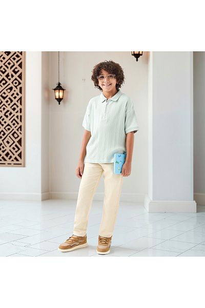 Juniors تي شيرت بولو محكم النقش بأكمام قصيرة وسحاب للإغلاق