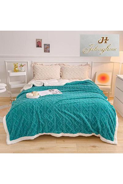FIONNA.RO Cocolino Knitted Print Blanket With Fur - Turquoise