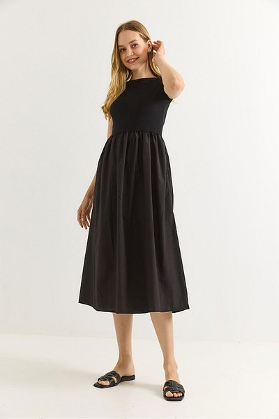 Raneel Kazançlı Alışveriş Garnished Short Sleeve Black Midi Dress