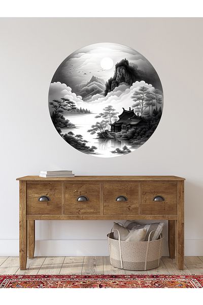 aiki Black, White Tones, Japanese House and River Themed, Glass, Wall Sticker, 50X50Cm