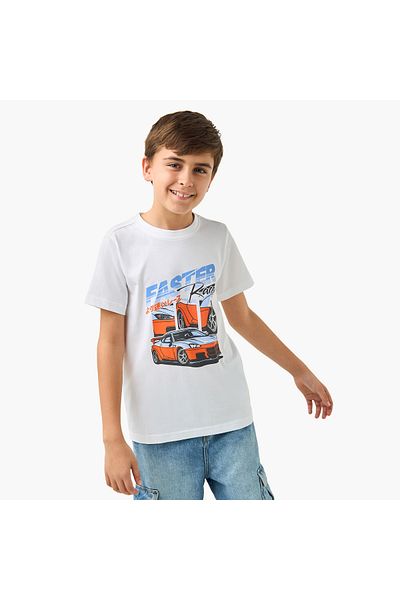 Juniors Car Print T-shirt with Crew Neck and Short Sleeves